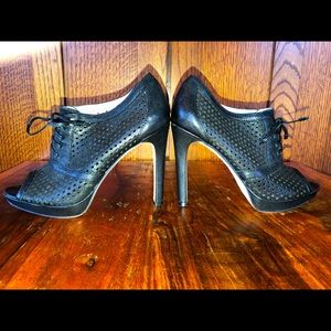 Vince Camuto black perforated leather high—heel booties - worn once! sz 6